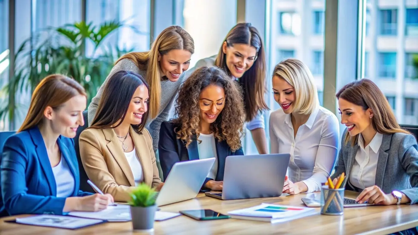 Eine Gruppe von Fachfrauen arbeitet in einem modernen Büro gemeinsam an einem Projekt.
